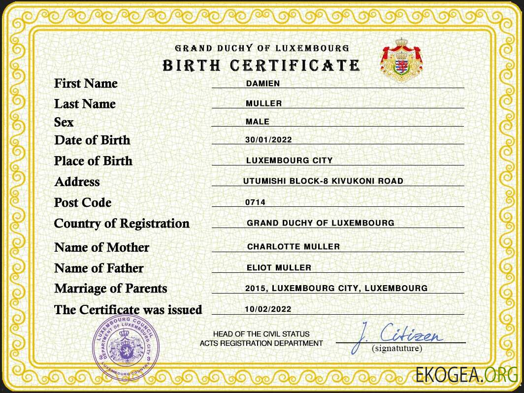 Modèle PSD d'acte de naissance d'état civil luxembourgeois